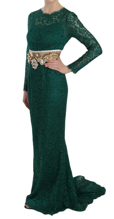 Dolce & Gabbana Crystal Gold Belt Lace Sheath Gown Women's Dress In Green