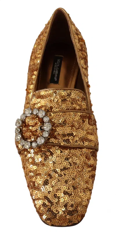 Dolce & Gabbana Gold Sequin Crystal Flat Women Loafers Women's Shoes In Gold