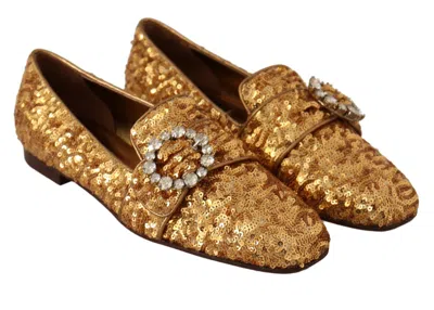 Dolce & Gabbana Gold Sequin Crystal Flat Women Loafers Women's Shoes In Gold