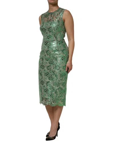 Dolce & Gabbana Green Cotton Floral Lace Sheath Midi Women's Dress In Green