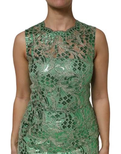 Dolce & Gabbana Green Cotton Floral Lace Sheath Midi Women's Dress In Green