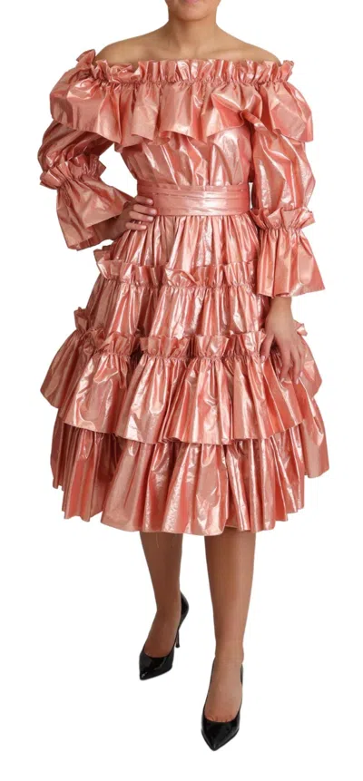Dolce & Gabbana Pink Ruffled Dress Silk Cotton Gown Dress In Multi