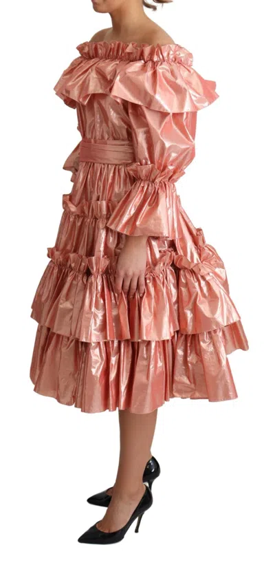 Dolce & Gabbana Pink Ruffled Dress Silk Cotton Gown Dress In Multi