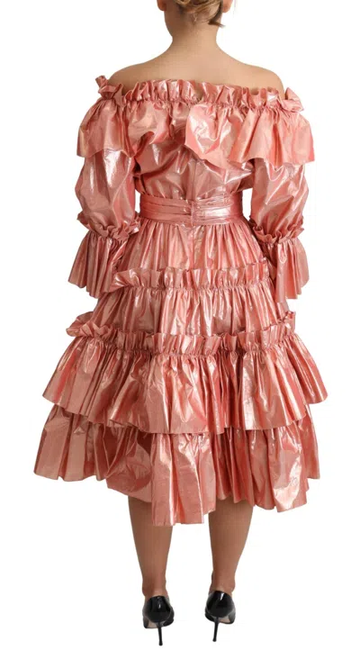 Dolce & Gabbana Pink Ruffled Dress Silk Cotton Gown Dress In Multi