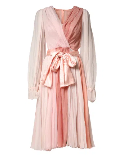 Dolce & Gabbana Pink Silk Tulle Long Sleeve V-neck Dress In Pink