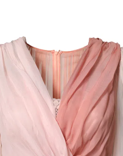 Dolce & Gabbana Pink Silk Tulle Long Sleeve V-neck Dress In Pink