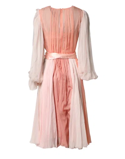 Dolce & Gabbana Pink Silk Tulle Long Sleeve V-neck Dress In Pink