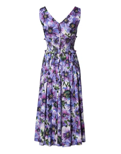 Dolce & Gabbana Purple Anemone Print Pleated Midi Women's Dress In Purple