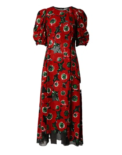 Pre-owned Dolce & Gabbana Red Floral Print Nylon A-line Midi Women's Dress ()