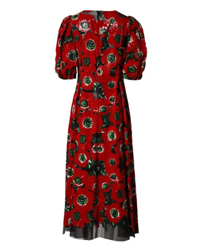 Pre-owned Dolce & Gabbana Red Floral Print Nylon A-line Midi Women's Dress ()