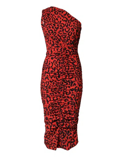 Dolce & Gabbana Red Leopard Print Nylon Sheath Midi Dress In Red