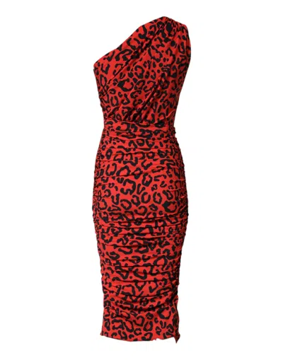 Dolce & Gabbana Red Leopard Print Nylon Sheath Midi Dress In Red