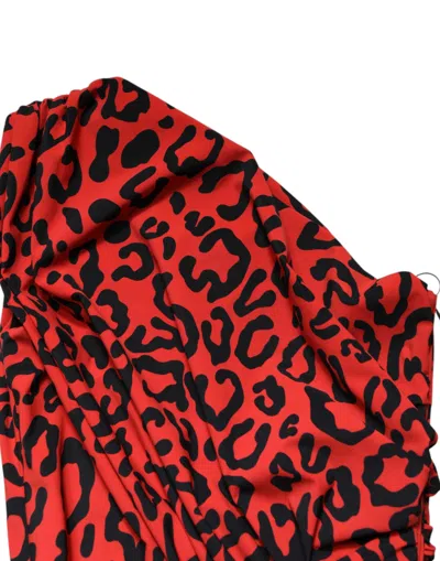 Dolce & Gabbana Red Leopard Print Nylon Sheath Midi Dress In Red