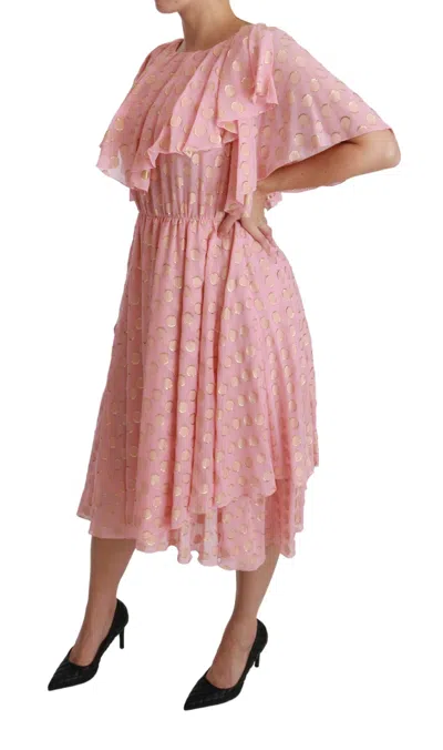 Dolce & Gabbana Silk Pink Polka Dots Pleated A-line Midi Dress In Pink