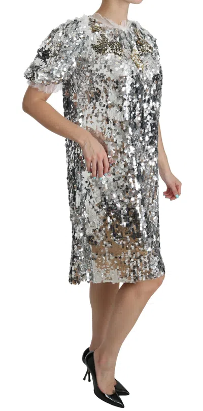 Dolce & Gabbana Silver Sequined Crystal Shift Gown Dress In Metallic
