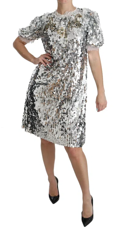 Dolce & Gabbana Silver Sequined Crystal Shift Gown Dress In Metallic