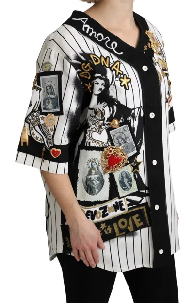 Dolce & Gabbana White And Black Blouse Cotton Crystal Charms Amore Shirt In Multi