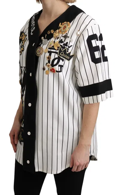 Dolce & Gabbana White And Black Blouse Cotton Crystal Charms Amore Shirt In Multi