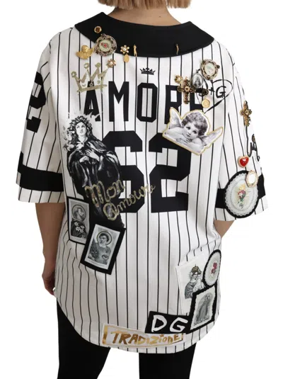 Dolce & Gabbana White And Black Blouse Cotton Crystal Charms Amore Shirt In Multi