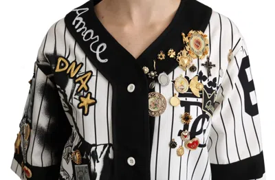 Dolce & Gabbana White And Black Blouse Cotton Crystal Charms Amore Shirt In Multi