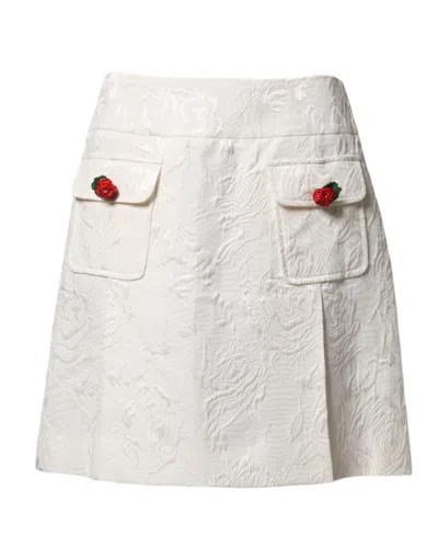 Dolce & Gabbana White Floral Brocade High Waist Mini Skirt In White