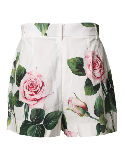 Dolce & Gabbana White Floral Print High Waist Hotpants Short In White