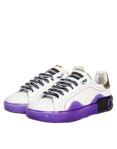 Dolce & Gabbana White Purple Leather Low Top Sneaker Women's Shoes In White