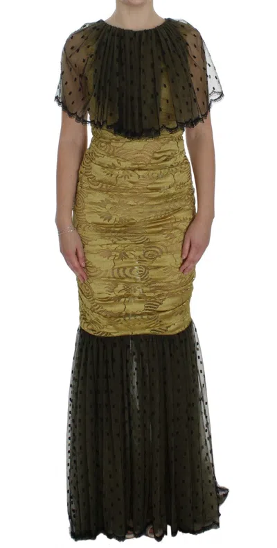 Dolce & Gabbana Yellow Black Floral Lace Ricamo Gown Dress In Yellow