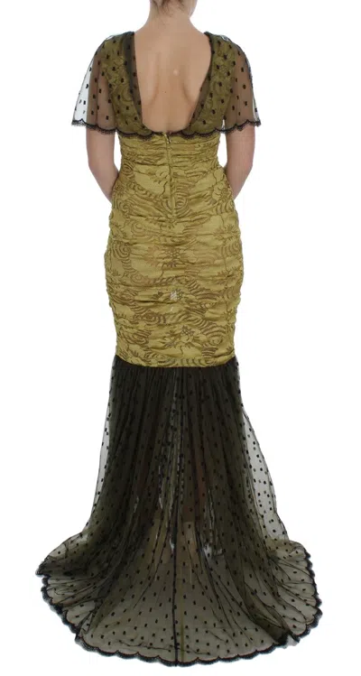 Dolce & Gabbana Yellow Black Floral Lace Ricamo Gown Dress In Yellow