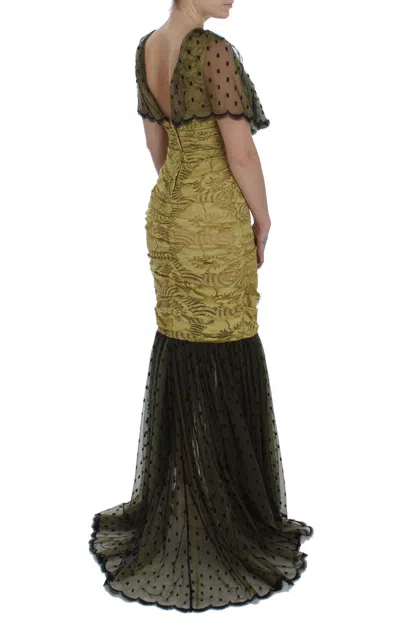 Dolce & Gabbana Yellow Black Floral Lace Ricamo Gown Dress In Yellow