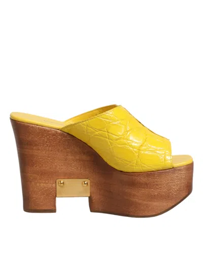 Dolce & Gabbana Yellow Leather Wood Mule Wedge Slides Shoes In Yellow
