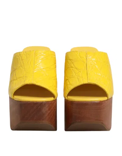 Dolce & Gabbana Yellow Leather Wood Mule Wedge Slides Shoes In Yellow