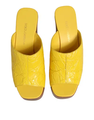 Dolce & Gabbana Yellow Leather Wood Mule Wedge Slides Shoes In Yellow
