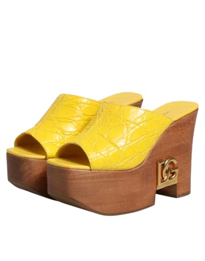Dolce & Gabbana Yellow Leather Wood Mule Wedge Slides Shoes In Yellow