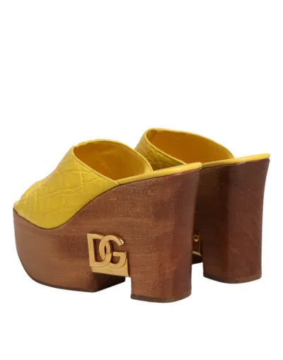 Dolce & Gabbana Yellow Leather Wood Mule Wedge Slides Shoes In Yellow