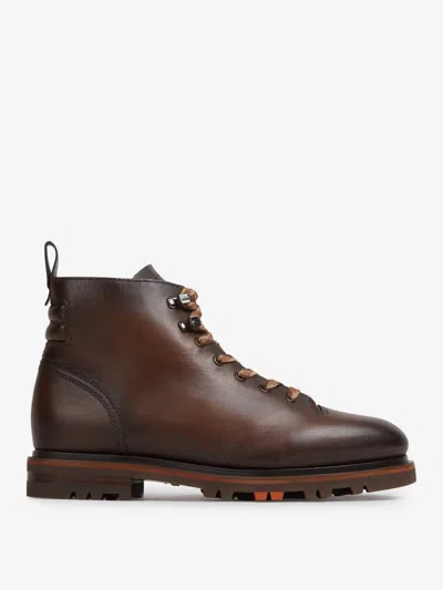 Santoni Lace-up Leather Boots In Brown