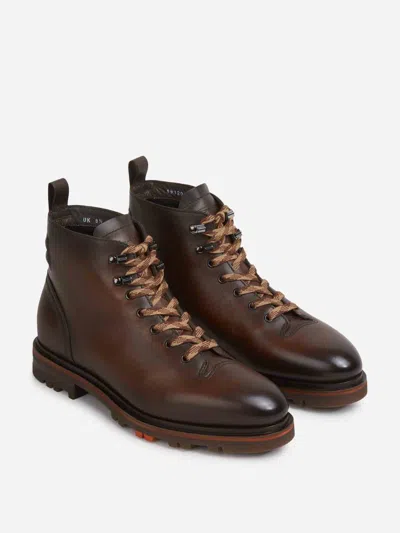 Santoni Lace-up Leather Boots In Brown