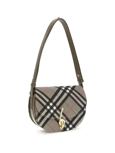 Burberry Women Bridle Canvas And Leather Check Shoulder Bag In Gray