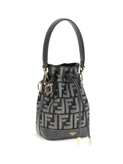 Fendi Women Mini Denim Effect Ff Jacquard Mon Tresor Bucket Bag In Gray