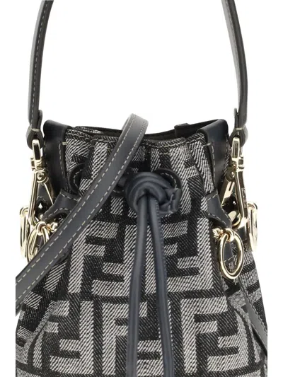 Fendi Women Mini Denim Effect Ff Jacquard Mon Tresor Bucket Bag In Gray
