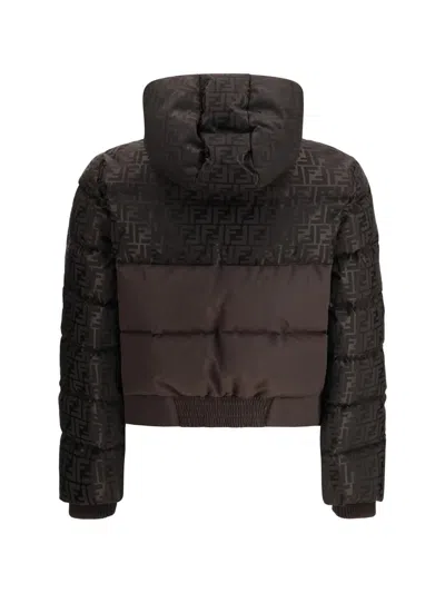 Fendi Women Brown Down Jacket With Drawstring Hood And Ff Motif In Tech Fabric Woman In Brown