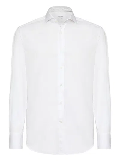 Brunello Cucinelli Button-down Collar Cotton Shirt With Curved Hem In White