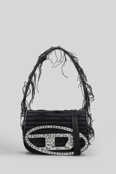 Diesel 1dr Black Shoulder Bag With Oval D Plaque With Rhinestones And Fringed Edges In Cotton And Leather B
