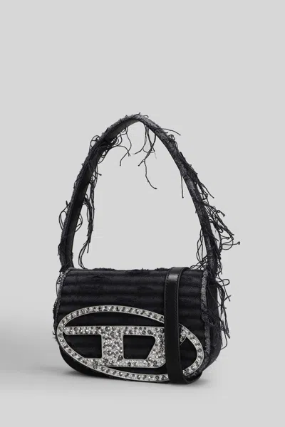 Diesel 1dr Black Shoulder Bag With Oval D Plaque With Rhinestones And Fringed Edges In Cotton And Leather B