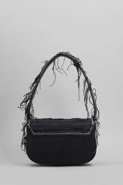 Diesel 1dr Black Shoulder Bag With Oval D Plaque With Rhinestones And Fringed Edges In Cotton And Leather B