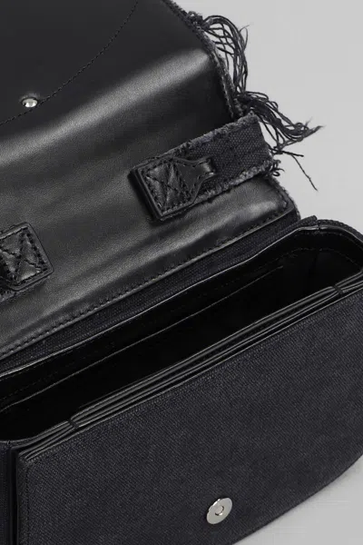 Diesel 1dr Black Shoulder Bag With Oval D Plaque With Rhinestones And Fringed Edges In Cotton And Leather B