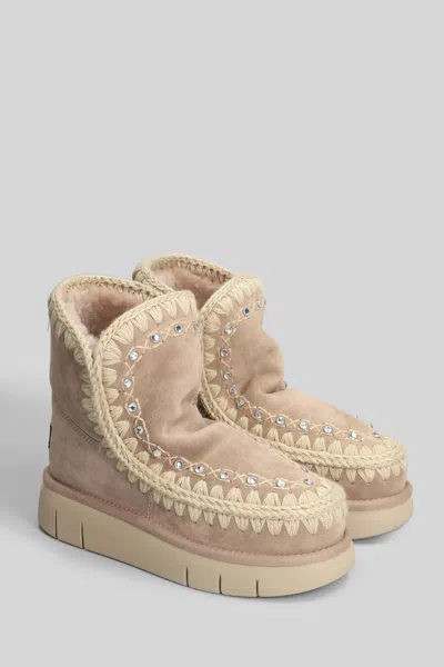 Mou Eskimo 18 Low Heels Ankle Boots In Camel Suede In Brown