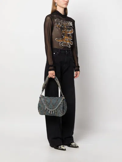 Diesel Charm Medium Denim Shoulder Bag In Green