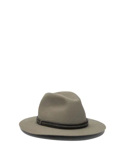 Brunello Cucinelli Fedora Hat With Tubular Leather Band And Monile Detail In Gray