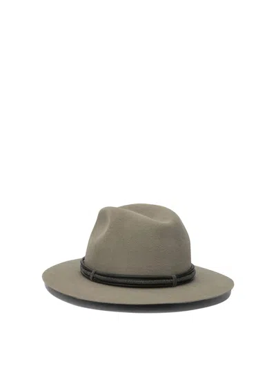 Brunello Cucinelli Fedora Hat With Tubular Leather Band And Monile Detail In Gray